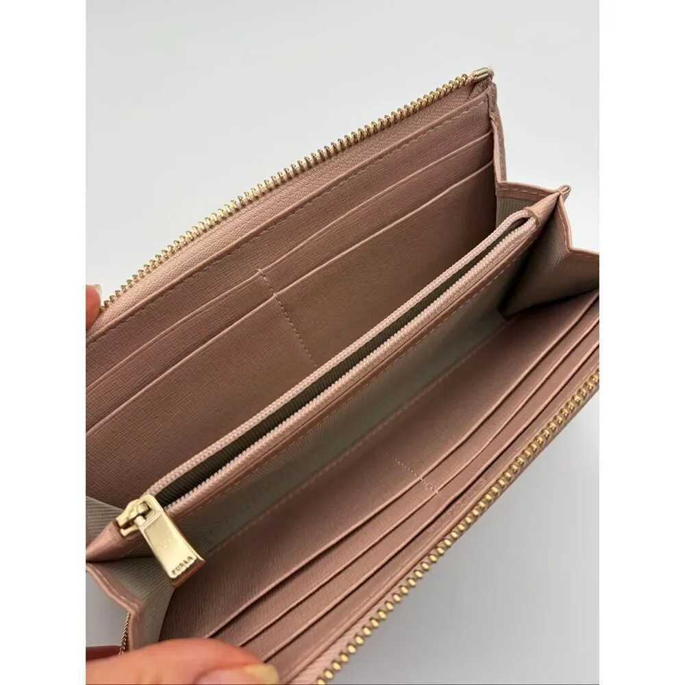 Furla Blush Pink Saffiano Leather Corner Zip Wallet Continental Wallet